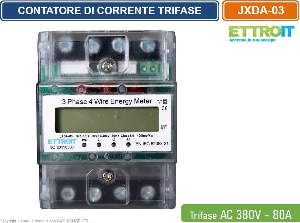 ETTROIT - CONTATORE ENERGIA ELETTRICA TRIFASE SU GUIDA DIN 220V - 380V 5-80A 4 MODULI - 2