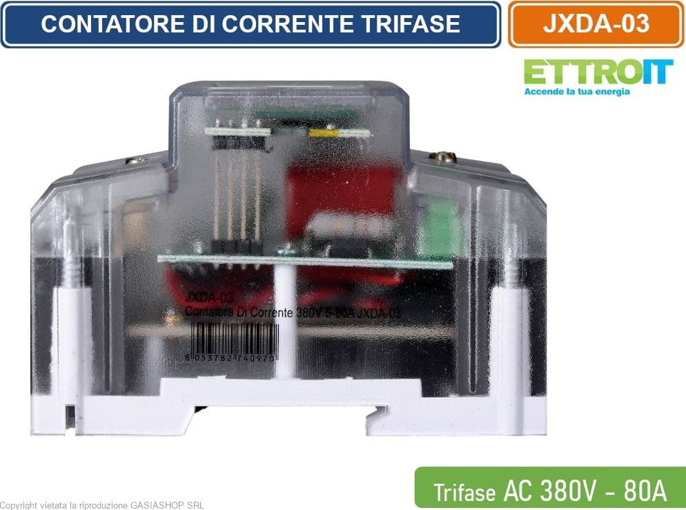 ETTROIT - CONTATORE ENERGIA ELETTRICA TRIFASE SU GUIDA DIN 220V - 380V 5-80A 4 MODULI - 3