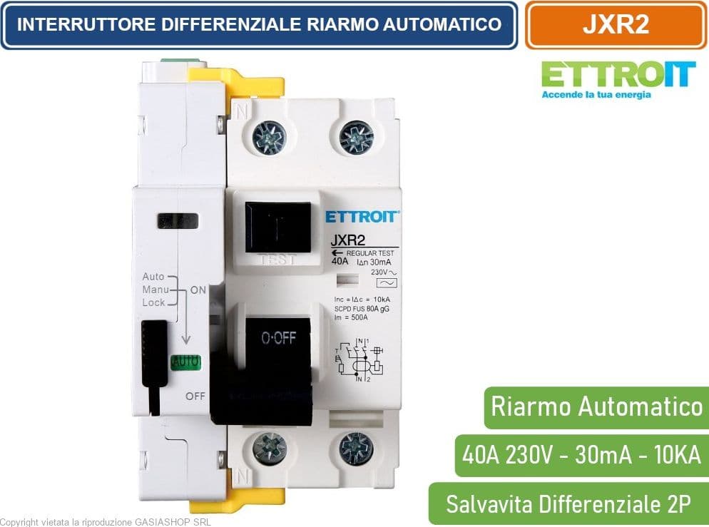 ETTROIT INTERRUTTORE DIFFERENZIALE SALVAVITA RIARMO AUTOMATICO PER BARRA DIN 3 MODULI 2P 40A 230V 30mA 10KA - 2