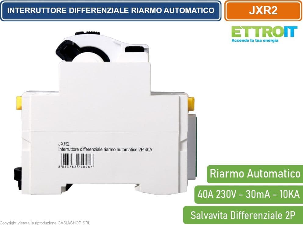 ETTROIT INTERRUTTORE DIFFERENZIALE SALVAVITA RIARMO AUTOMATICO PER BARRA DIN 3 MODULI 2P 40A 230V 30mA 10KA - 3