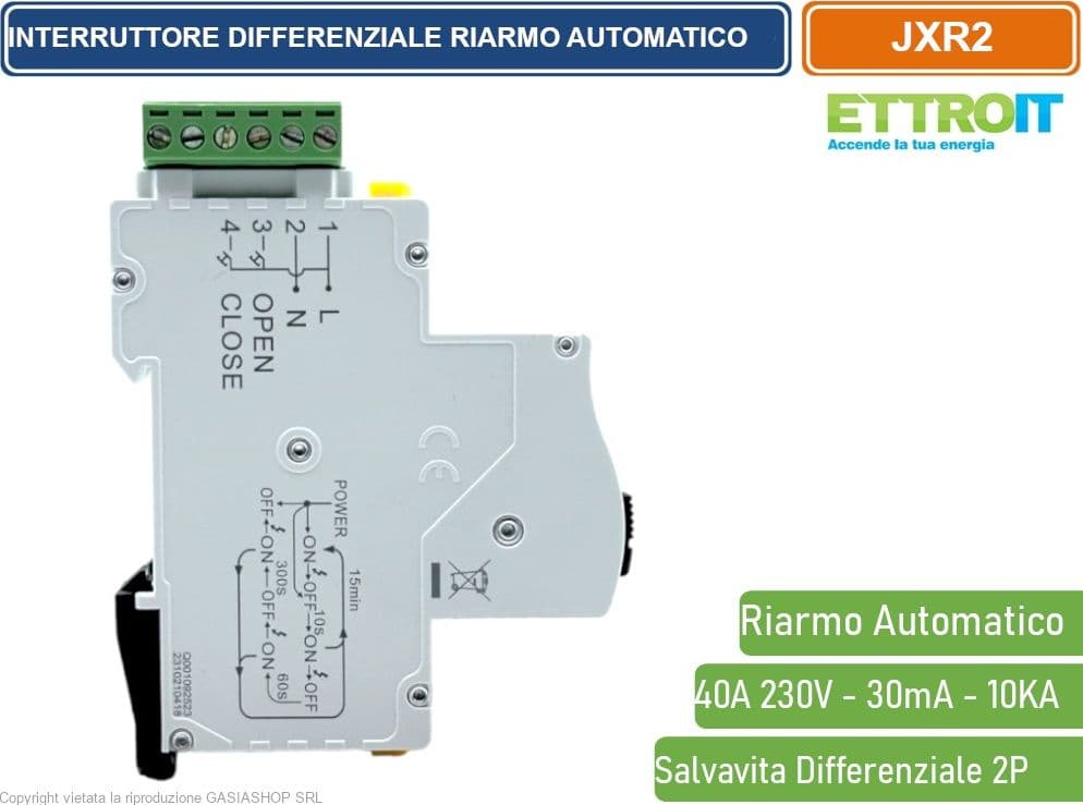 ETTROIT INTERRUTTORE DIFFERENZIALE SALVAVITA RIARMO AUTOMATICO PER BARRA DIN 3 MODULI 2P 40A 230V 30mA 10KA - 4