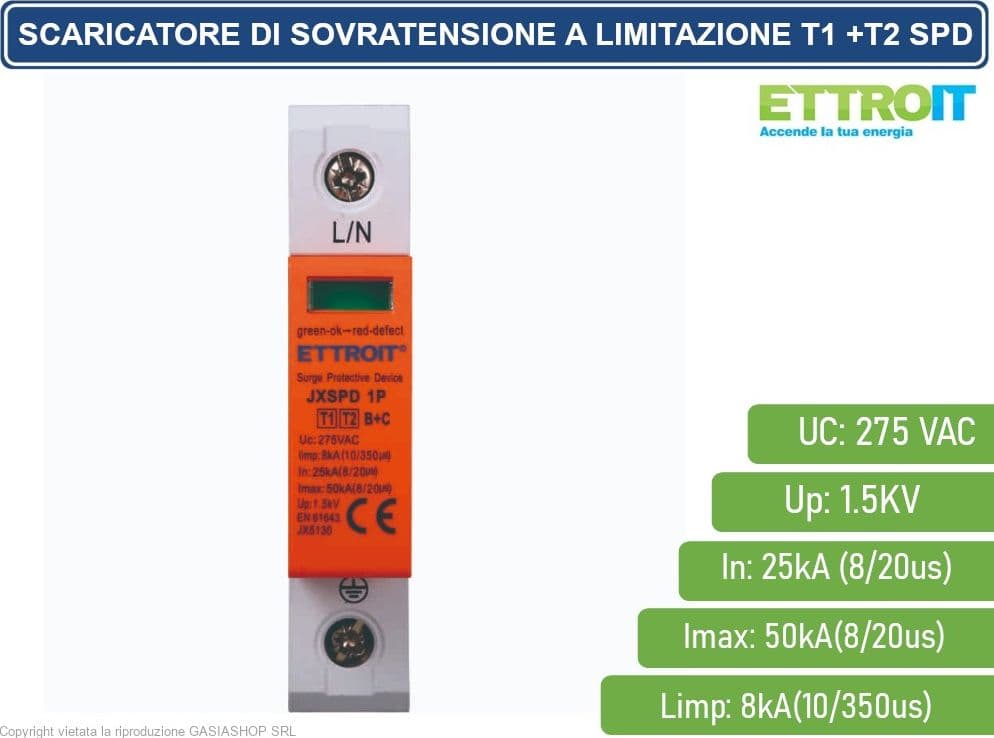 ETTROIT SCARICATORE LIMITATORE DI SOVRATENSIONE TIPO T1+T2 1P 25KA-50KA SPD A LIMITAZIONE PER BARRA DIN - 2