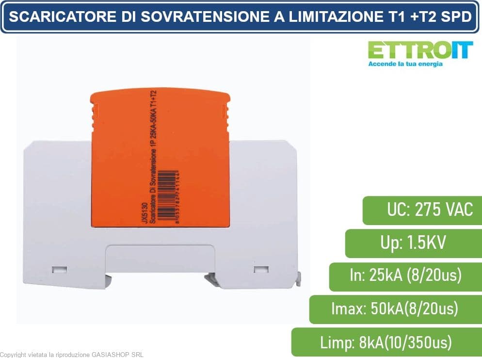 ETTROIT SCARICATORE LIMITATORE DI SOVRATENSIONE TIPO T1+T2 1P 25KA-50KA SPD A LIMITAZIONE PER BARRA DIN - 3