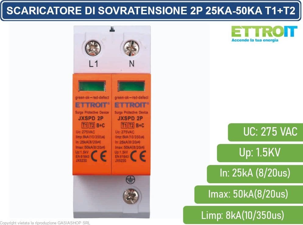 ETTROIT SCARICATORE LIMITATORE DI SOVRATENSIONE TIPO T1+T2 2P 25KA-50KA SPD A LIMITAZIONE PER BARRA DIN - 2