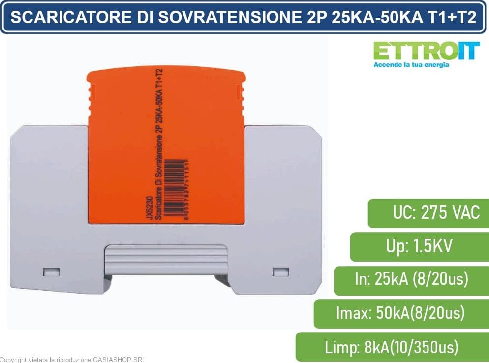 ETTROIT SCARICATORE LIMITATORE DI SOVRATENSIONE TIPO T1+T2 2P 25KA-50KA SPD A LIMITAZIONE PER BARRA DIN - 3
