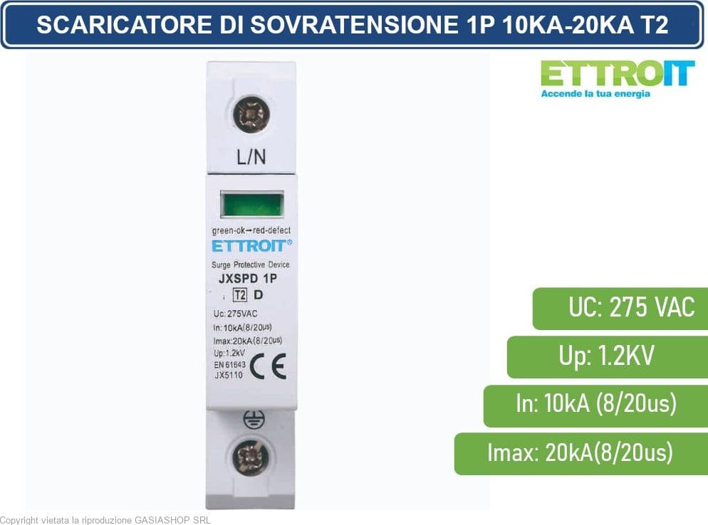 ETTROIT SCARICATORE LIMITATORE DI SOVRATENSIONE 1 MODULO TIPO T2 1P 10KA-20KA SPD A LIMITAZIONE PER BARRA DIN - 2