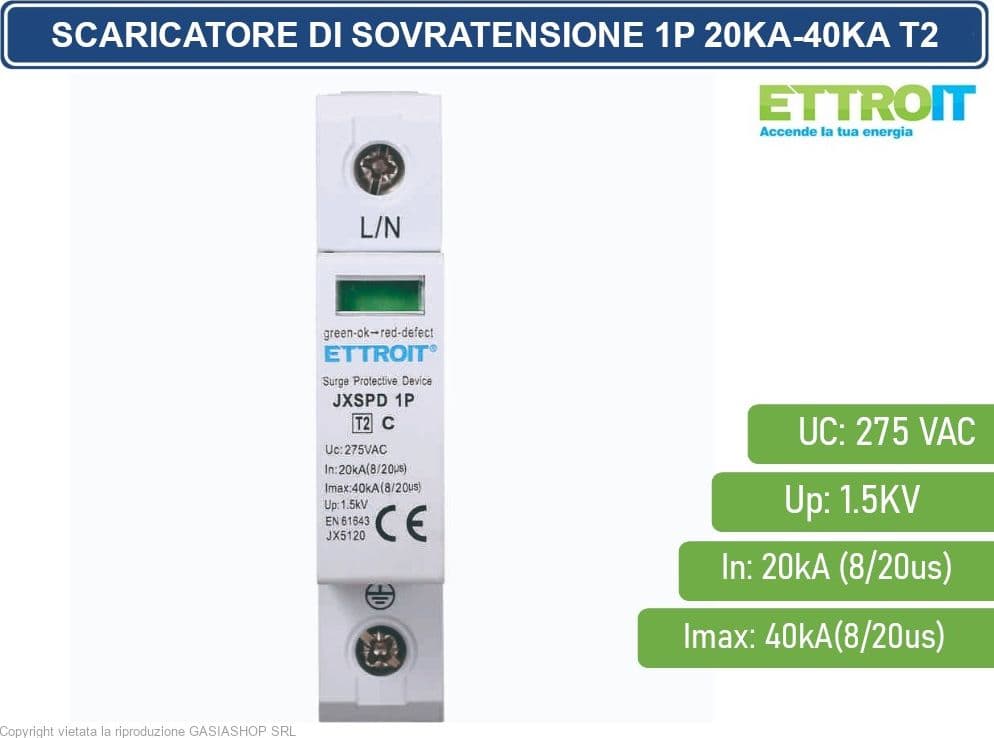 ETTROIT SCARICATORE LIMITATORE DI SOVRATENSIONE 1 MODULO TIPO T2 1P 20KA-40KA SPD A LIMITAZIONE PER BARRA DIN - 2
