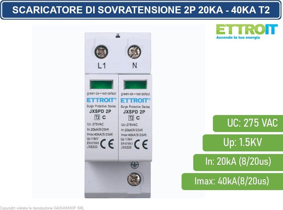 ETTROIT SCARICATORE LIMITATORE DI SOVRATENSIONE 2 MODULI TIPO T2 2P 20KA-40KA SPD A LIMITAZIONE PER BARRA DIN - 2