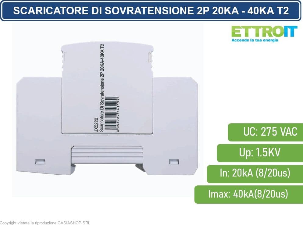 ETTROIT SCARICATORE LIMITATORE DI SOVRATENSIONE 2 MODULI TIPO T2 2P 20KA-40KA SPD A LIMITAZIONE PER BARRA DIN - 3