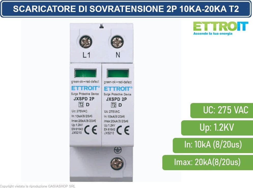 ETTROIT SCARICATORE LIMITATORE DI SOVRATENSIONE 2 MODULI TIPO T2 2P 10KA-20KA SPD A LIMITAZIONE PER BARRA DIN - 2