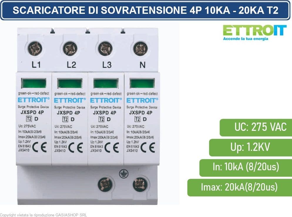 ETTROIT SCARICATORE LIMITATORE DI SOVRATENSIONE 2 MODULI TIPO T2 4P 10KA-20KA SPD A LIMITAZIONE PER BARRA DIN - 2