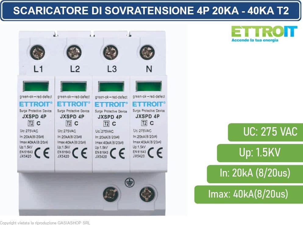 ETTROIT SCARICATORE LIMITATORE DI SOVRATENSIONE 2 MODULI TIPO T2 4P 20KA-40KA SPD A LIMITAZIONE PER BARRA DIN - 2