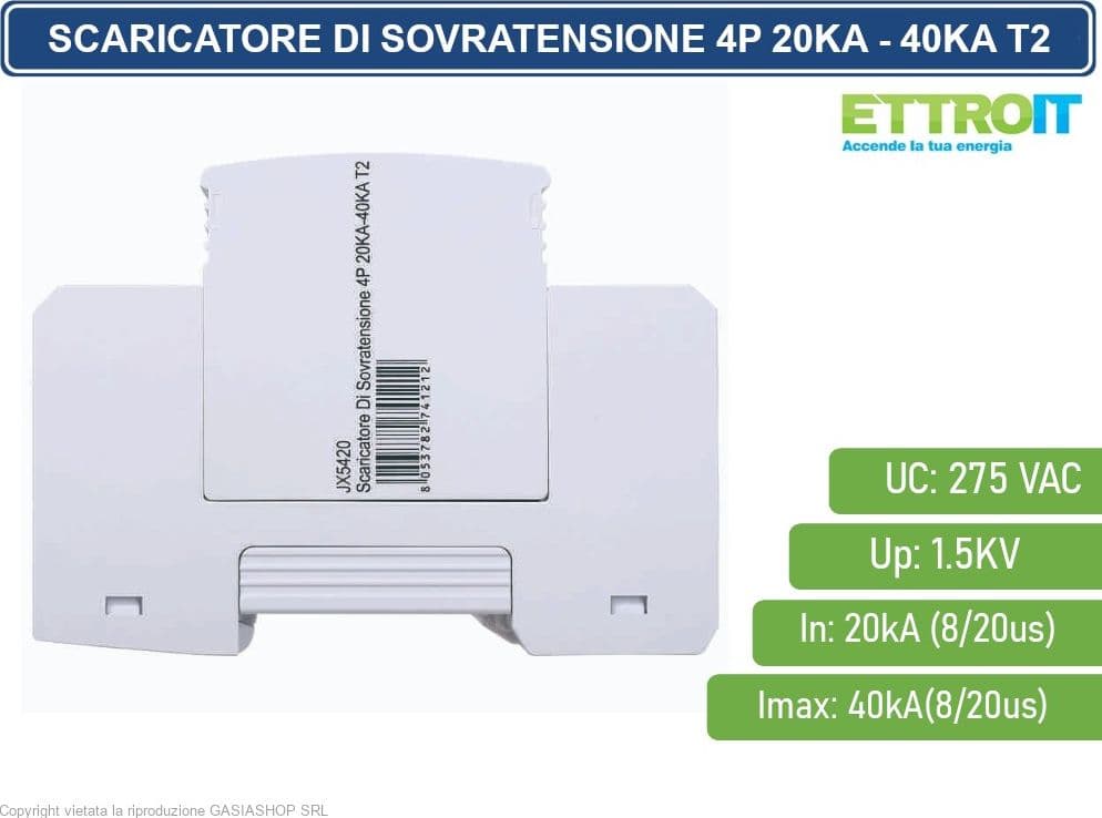 ETTROIT SCARICATORE LIMITATORE DI SOVRATENSIONE 2 MODULI TIPO T2 4P 20KA-40KA SPD A LIMITAZIONE PER BARRA DIN - 3