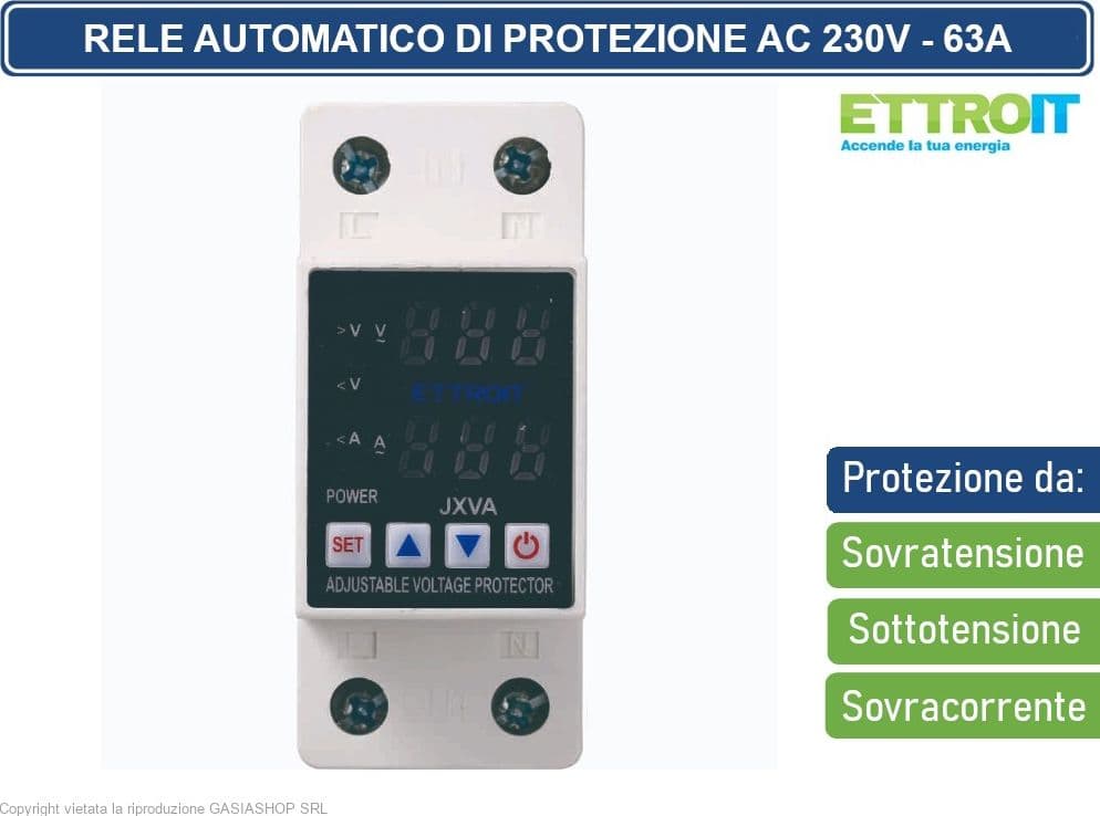 ETTROIT - RELE AUTOMATICO DI PROTEZIONE SOVRATENSIONE SOVRACORRENTE CON RIPORISTINO AUTOMATICO AC230V 63A 2 MODULI DIN - 2