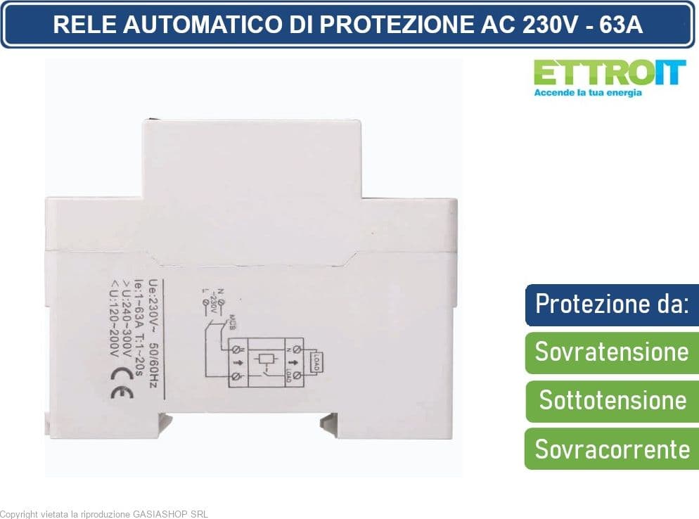 ETTROIT - RELE AUTOMATICO DI PROTEZIONE SOVRATENSIONE SOVRACORRENTE CON RIPORISTINO AUTOMATICO AC230V 63A 2 MODULI DIN - 3
