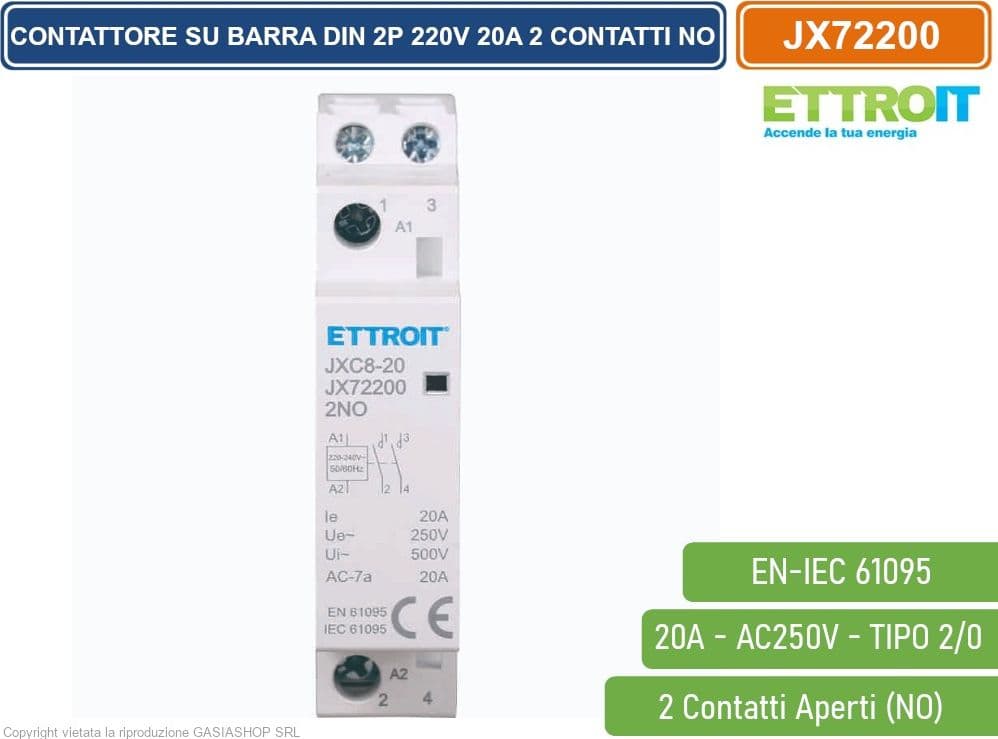 ETTROIT - AC CONTATTORE MODULARE SU BARRA DIN 2P BIPOLARE 20A 220V 2 CONTATTI APERTI NO TIPO 20 - 2