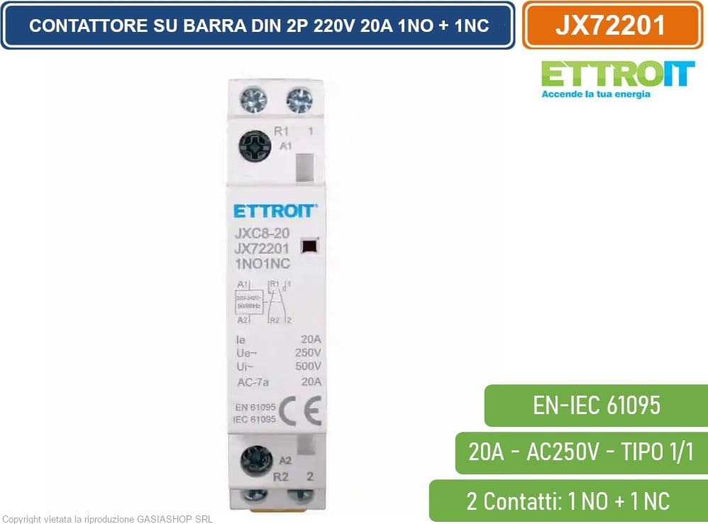 ETTROIT -  CONTATTORE MODULARE SU BARRA DIN 2P BIPOLARE  220V 20A 1 CONTATTO APERTO NO + 1 CONTATTO CHIUSO NC TIPO 11 - 2