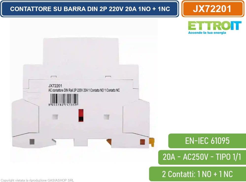 ETTROIT -  CONTATTORE MODULARE SU BARRA DIN 2P BIPOLARE  220V 20A 1 CONTATTO APERTO NO + 1 CONTATTO CHIUSO NC TIPO 11 - 3