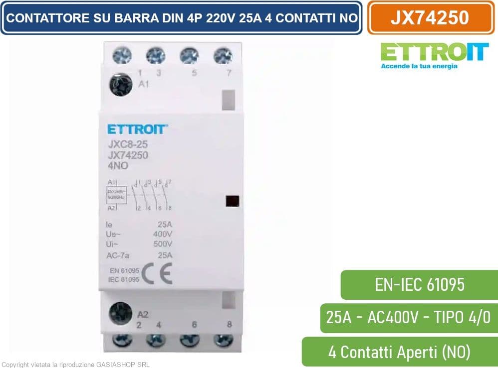 ETTROIT - AC CONTATTORE MODULARE SU BARRA DIN 4P 25A 400V 4 CONTATTI APERTI NO TIPO 40 - 2