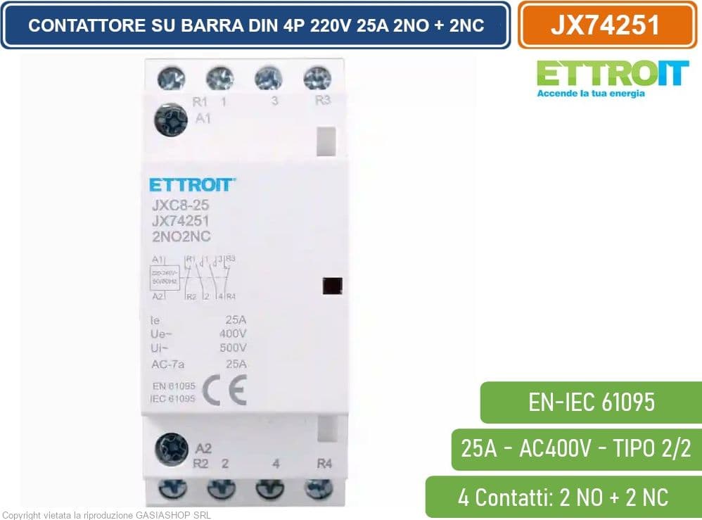 ETTROIT - CONTATTORE MODULARE SU BARRA DIN 4P 25A 400V 2 CONTATTI APERTI NO + 2 CONTATTI CHIUSI NC TIPO 22 - 2