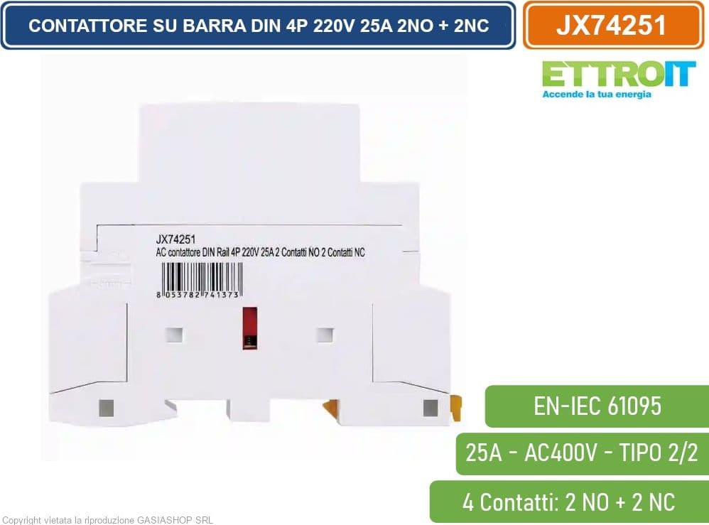 ETTROIT - CONTATTORE MODULARE SU BARRA DIN 4P 25A 400V 2 CONTATTI APERTI NO + 2 CONTATTI CHIUSI NC TIPO 22 - 3