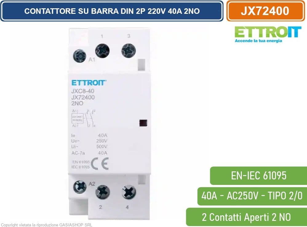 ETTROIT - CONTATTORE MODULARE SU BARRA DIN 2P 25A 400V 2 CONTATTI APERTI NO TIPO 20 - 2