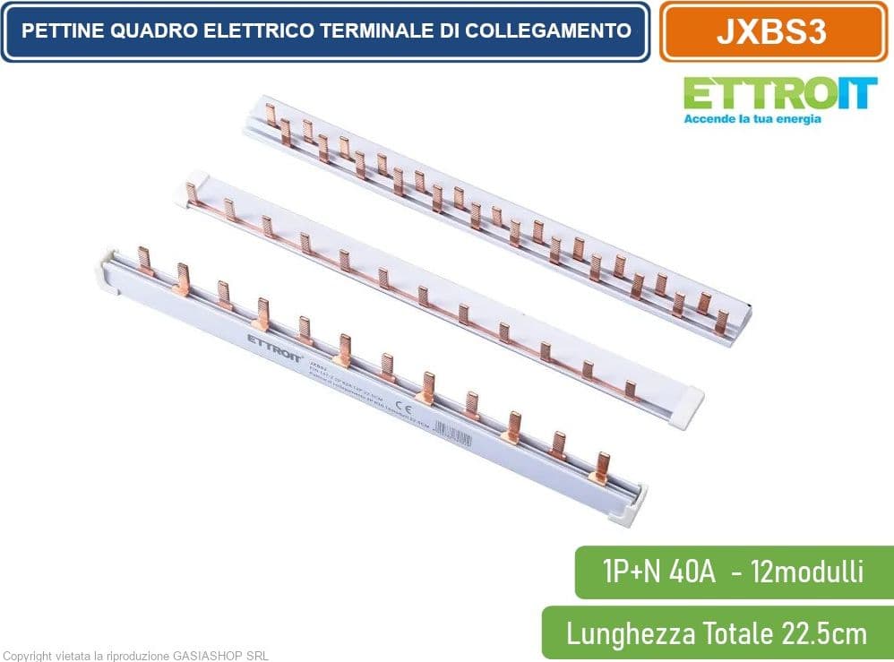 ETTROIT - PETTINE QUADRO ELETTRICO TERMINALE DI COLLEGAMENTO 1P+N 40A 12 MODULI LUNGA 22,5CM - 2