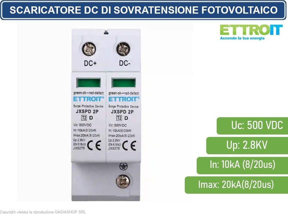 ETTROIT - SCARICATORE LIMITATORE DI SOVRATENSIONE DC PER FOTOVOLTAICO TIPO 2 T2 D 2P DC 500V 2.8KV 10KA OCCUPA 2 MODULI DIN - 2
