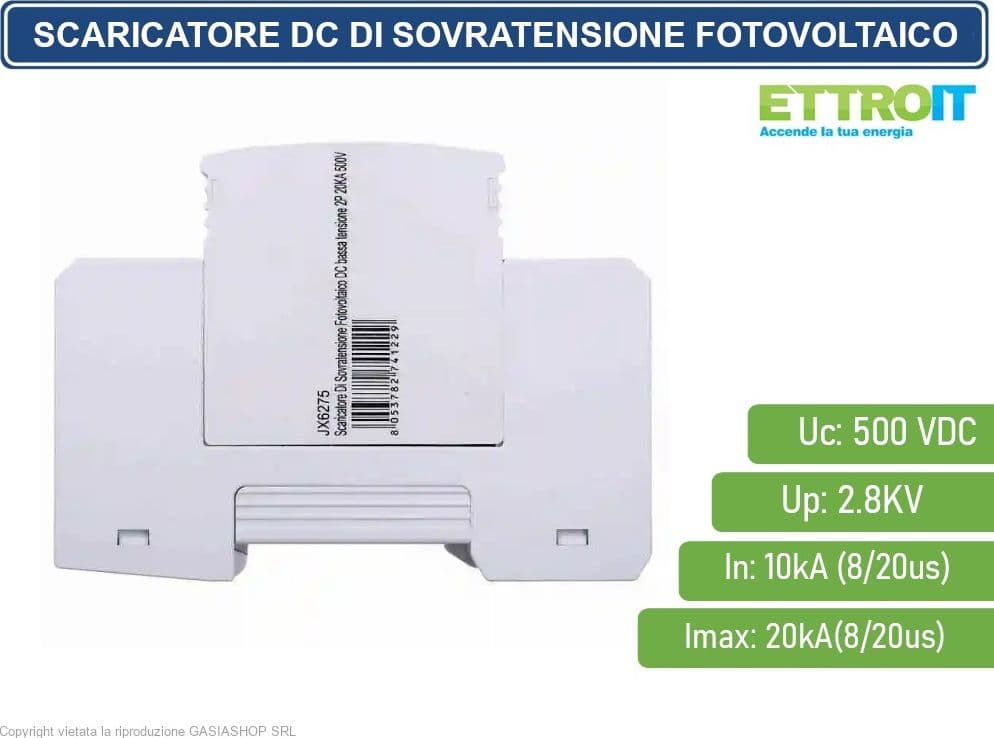 ETTROIT - SCARICATORE LIMITATORE DI SOVRATENSIONE DC PER FOTOVOLTAICO TIPO 2 T2 D 2P DC 500V 2.8KV 10KA OCCUPA 2 MODULI DIN - 3
