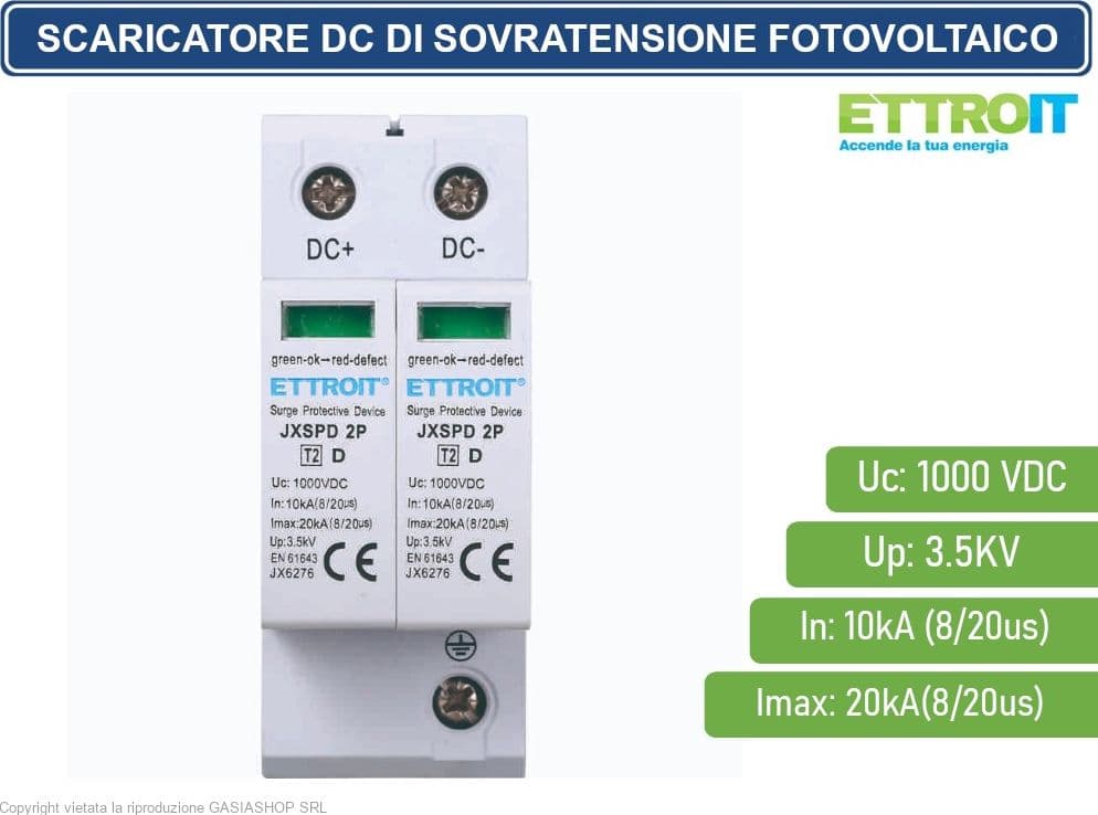 ETTROIT - SCARICATORE DI SOVRATENSIONE FOTOVOLTAICO TIPO 2 T2 D 2P DC 1000V 3.5KV 10KA OCCUPA 2 MODULI DIN - 2