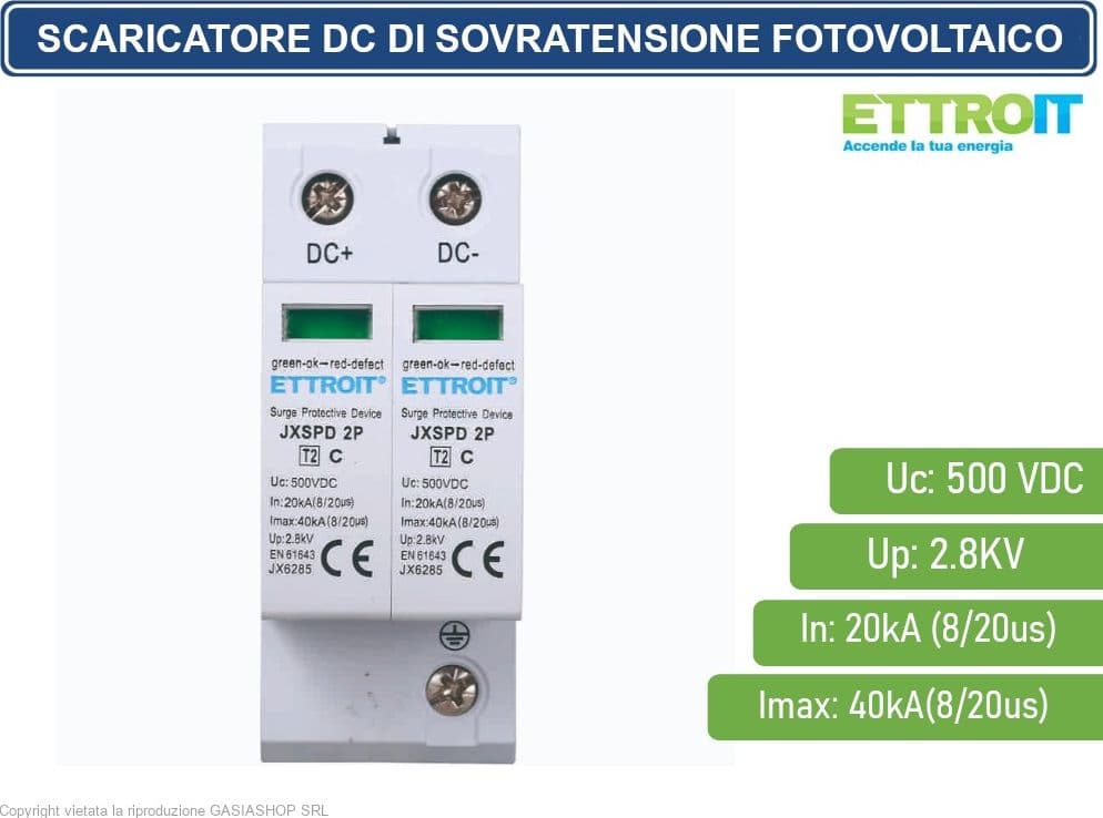 ETTROIT - SCARICATORE LIMITATORE DI SOVRATENSIONE DC PER FOTOVOLTAICO TIPO 2 T2 D 2P DC 500V 2.8KV 20KA OCCUPA 2 MODULI DIN - 2