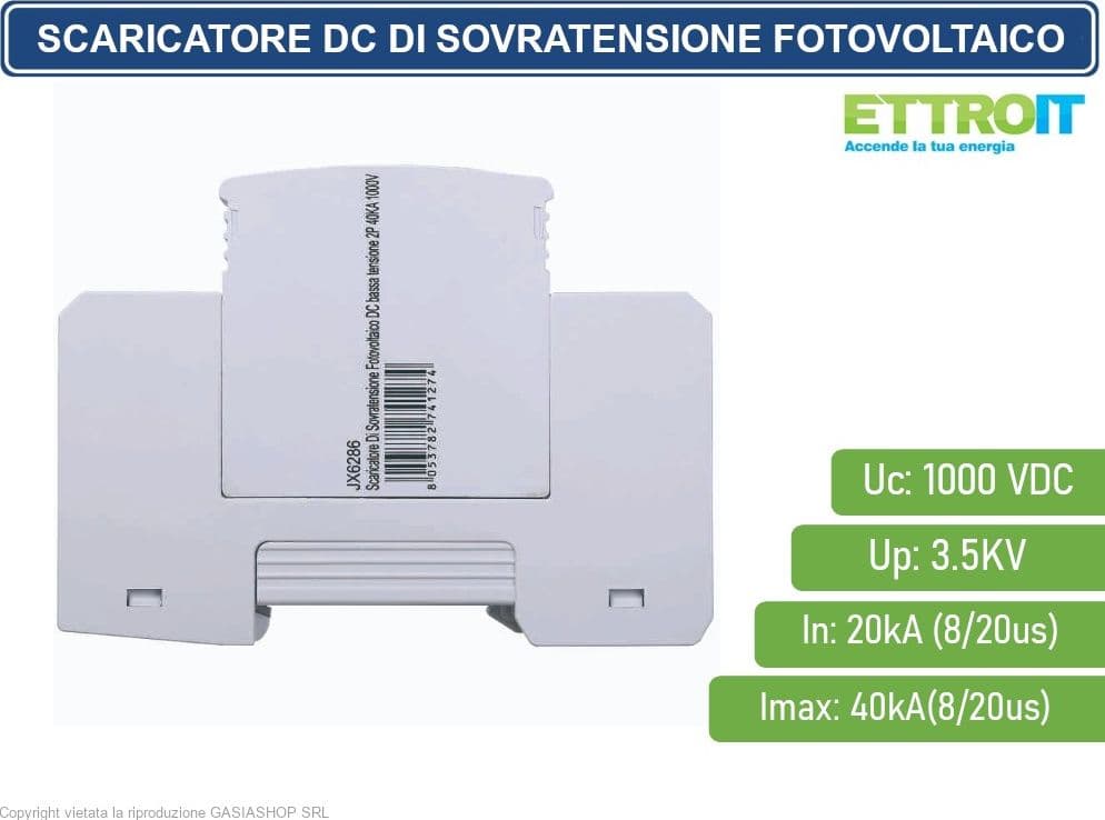 ETTROIT - SCARICATORE DI SOVRATENSIONE FOTOVOLTAICO TIPO 2 T2 D 2P DC 1000V 3.5KV 20KA OCCUPA 2 MODULI DIN - 3