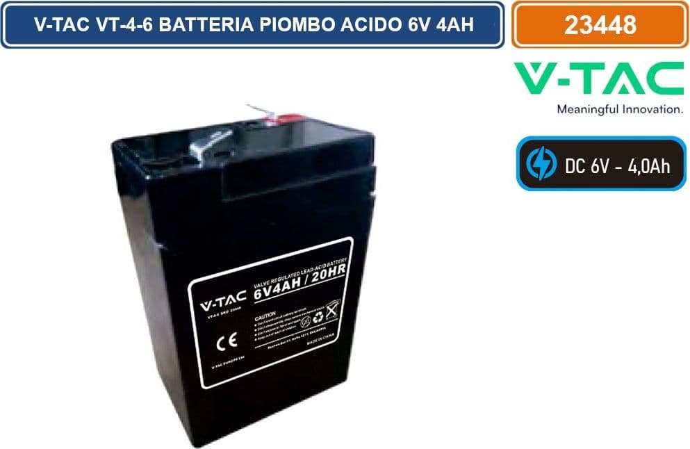 V-TAC VT-4-6 BATTERIA PIOMBO ACIDO 6V 4AH CON ATTACCHI T1 - SKU 23448