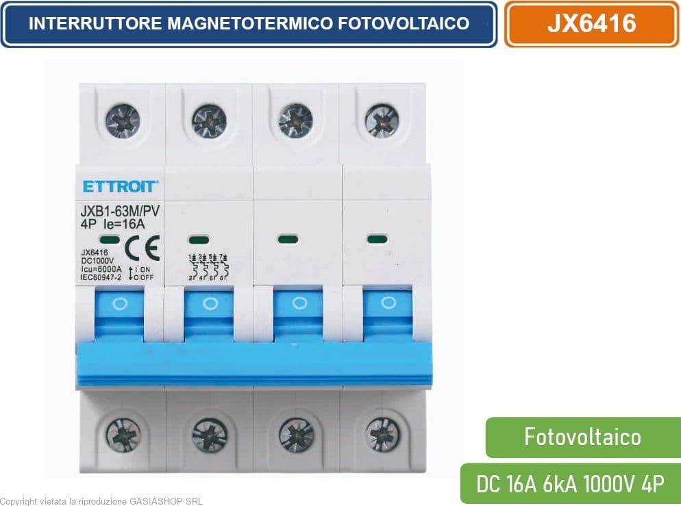 ETTROIT INTERRUTTORE MEGNETOTERMICO FOTOVOLTAICO PER BARRA DIN 4 MODULI DC 16A 6kA 1000V 4P - 2