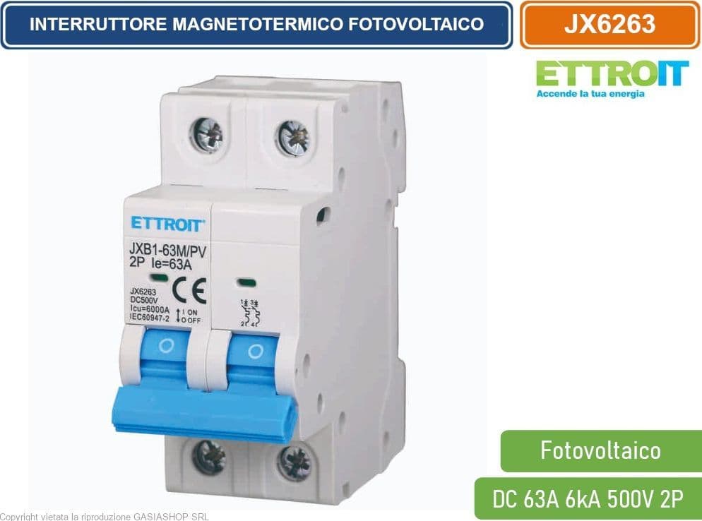 ETTROIT INTERRUTTORE MEGNETOTERMICO FOTOVOLTAICO PER BARRA DIN 2 MODULI DC 63A 6kA 500V 2P - 4