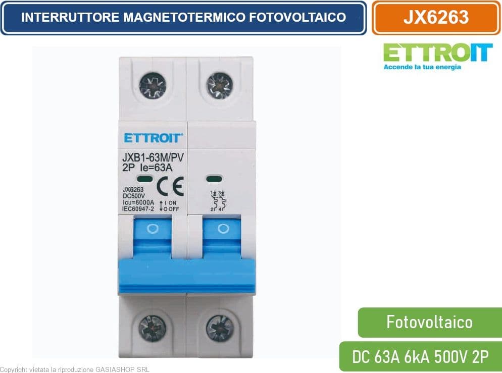 ETTROIT INTERRUTTORE MEGNETOTERMICO FOTOVOLTAICO PER BARRA DIN 2 MODULI DC 63A 6kA 500V 2P - 2