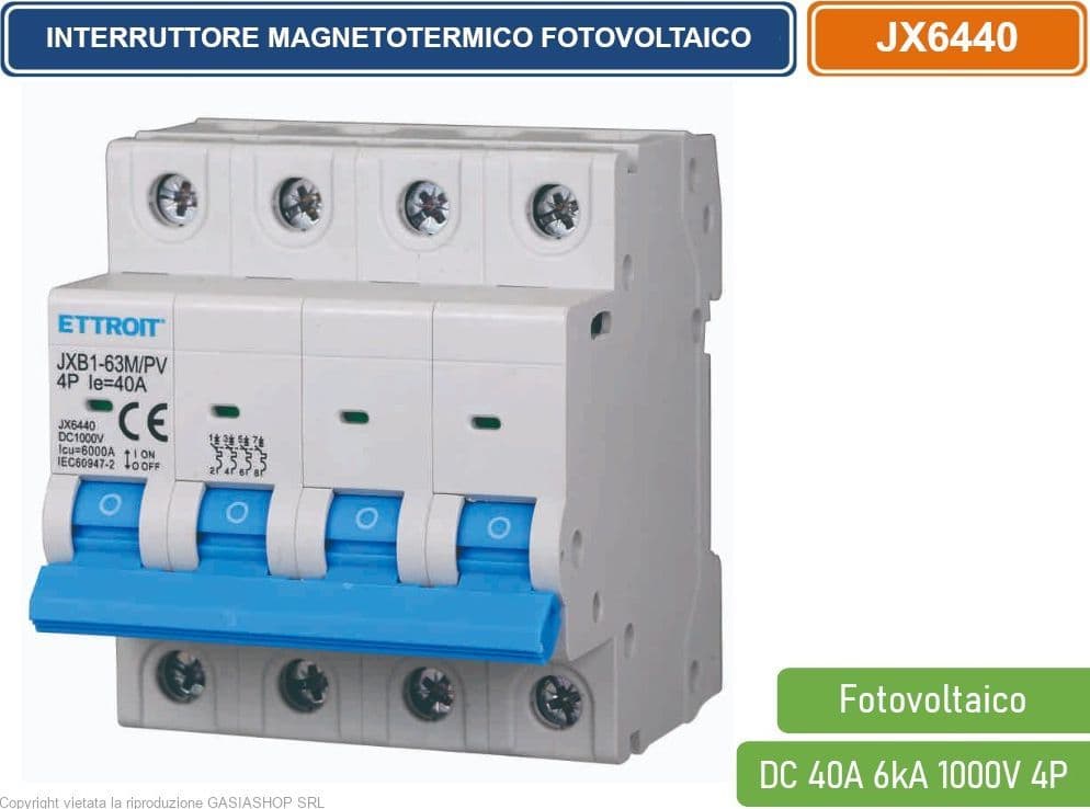 ETTROIT INTERRUTTORE MEGNETOTERMICO FOTOVOLTAICO PER BARRA DIN 4 MODULI DC 40A 6kA 1000V 4P - 4