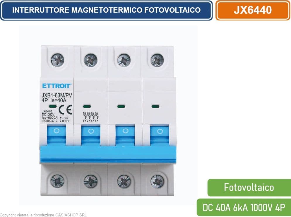 ETTROIT INTERRUTTORE MEGNETOTERMICO FOTOVOLTAICO PER BARRA DIN 4 MODULI DC 40A 6kA 1000V 4P - 2