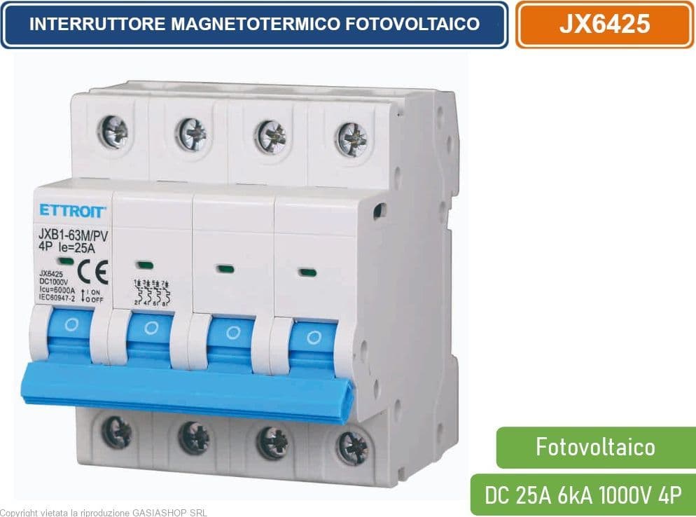 ETTROIT INTERRUTTORE MEGNETOTERMICO FOTOVOLTAICO PER BARRA DIN 4 MODULI DC 25A 6kA 1000V 4P - 4