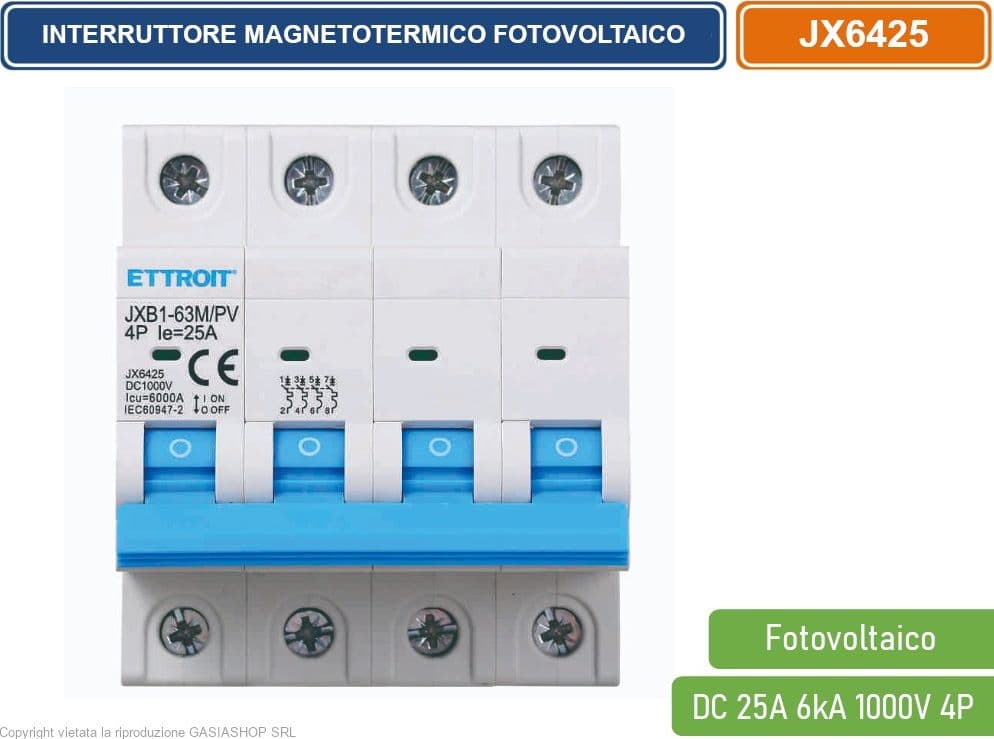 ETTROIT INTERRUTTORE MEGNETOTERMICO FOTOVOLTAICO PER BARRA DIN 4 MODULI DC 25A 6kA 1000V 4P - 2