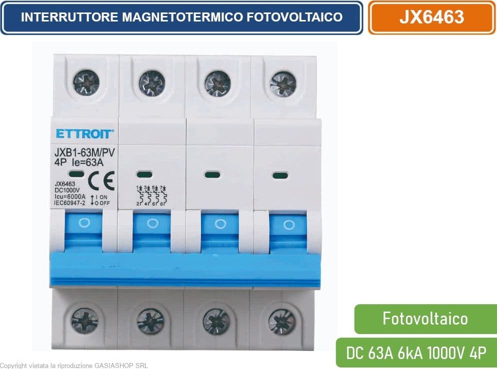 ETTROIT INTERRUTTORE MEGNETOTERMICO FOTOVOLTAICO PER BARRA DIN 4 MODULI DC 63A 6kA 1000V 4P - 2