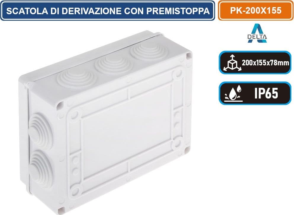 SCATOLA STAGNA DI DERIVAZIONE CON COPERCHIO CON VITI IN METALLO QUADRATA 200X155X78MM CON 10 PASSACAVI Ø 32 mm IP65 - 2