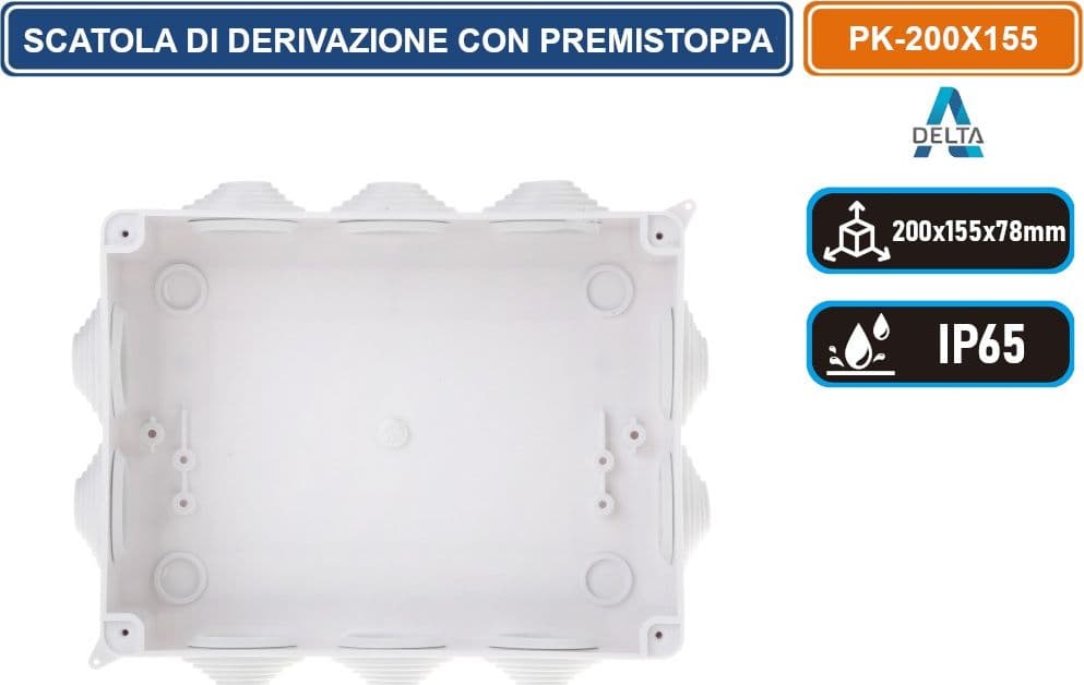 SCATOLA STAGNA DI DERIVAZIONE CON COPERCHIO CON VITI IN METALLO QUADRATA 200X155X78MM CON 10 PASSACAVI Ø 32 mm IP65 - 3