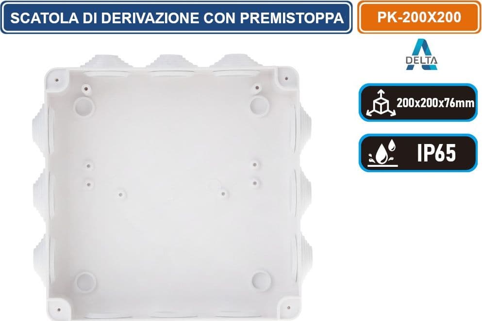 SCATOLA STAGNA DI DERIVAZIONE CON COPERCHIO CON VITI IN METALLO QUADRATA 203X203X76MM CON 12 PASSACAVI Ø 31 mm IP65 - 3