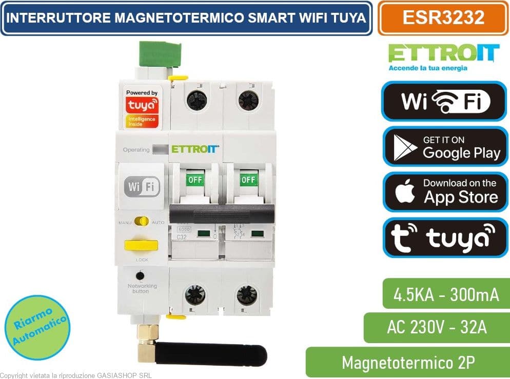 ETTROIT INTERRUTTORE MAGNETOTERMICO SMART WIFI 2P 32A APP TUYA OCCUPA 3 MODULI DIN - 2