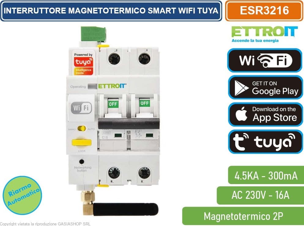 ETTROIT INTERRUTTORE MAGNETOTERMICO SMART WIFI 2P 16A APP TUYA OCCUPA 3 MODULI DIN - 2
