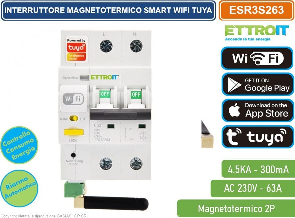 INTERRUTTORE MAGNETOTERMICO SMART WIFI 2P 63A APP TUYA OCCUPA 3 MODULI DIN CON FUNZIONE CONTROLLO CONSUMO ENERGIA - 2
