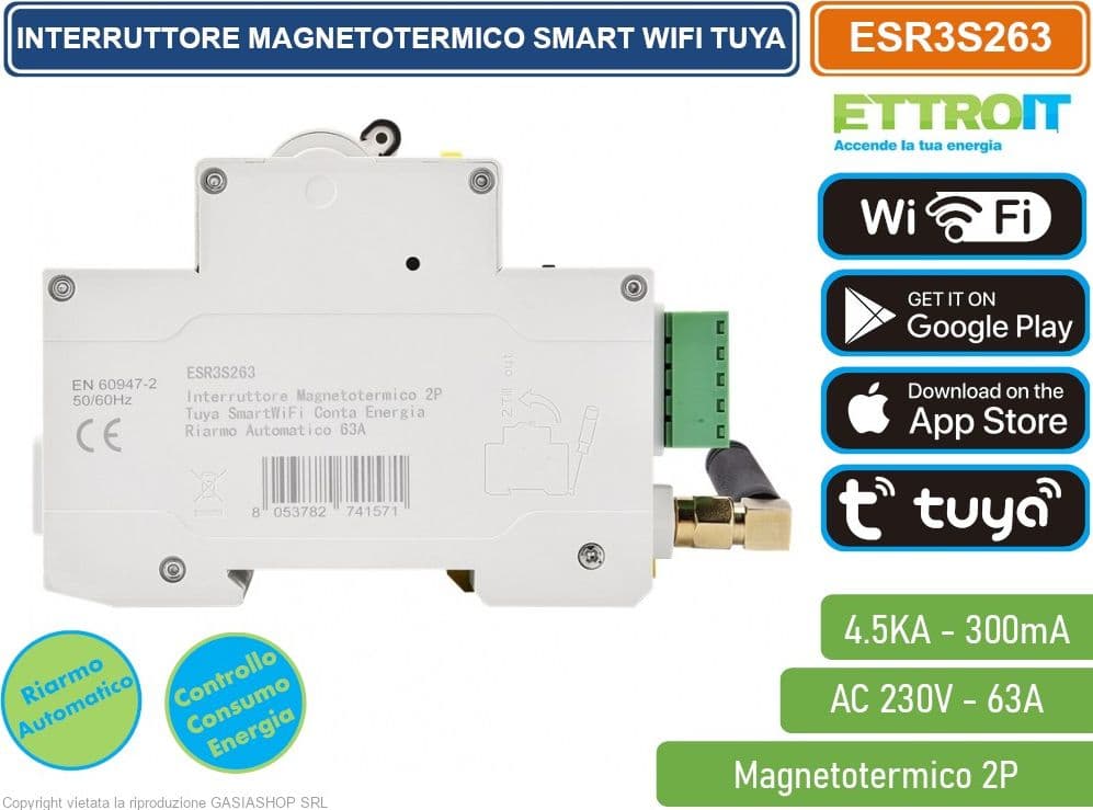 INTERRUTTORE MAGNETOTERMICO SMART WIFI 2P 63A APP TUYA OCCUPA 3 MODULI DIN CON FUNZIONE CONTROLLO CONSUMO ENERGIA - 3