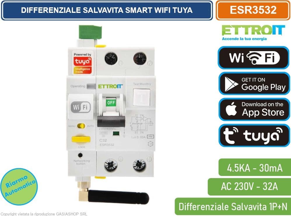 INTERRUTTORE MAGNETOTERMICO DIFFERENZIALE SMART WIFI 1P+N 32A 230V/400V RIARMO AUTOMATICO APP TUYA OCCUPA 3 MODULI DIN - 2