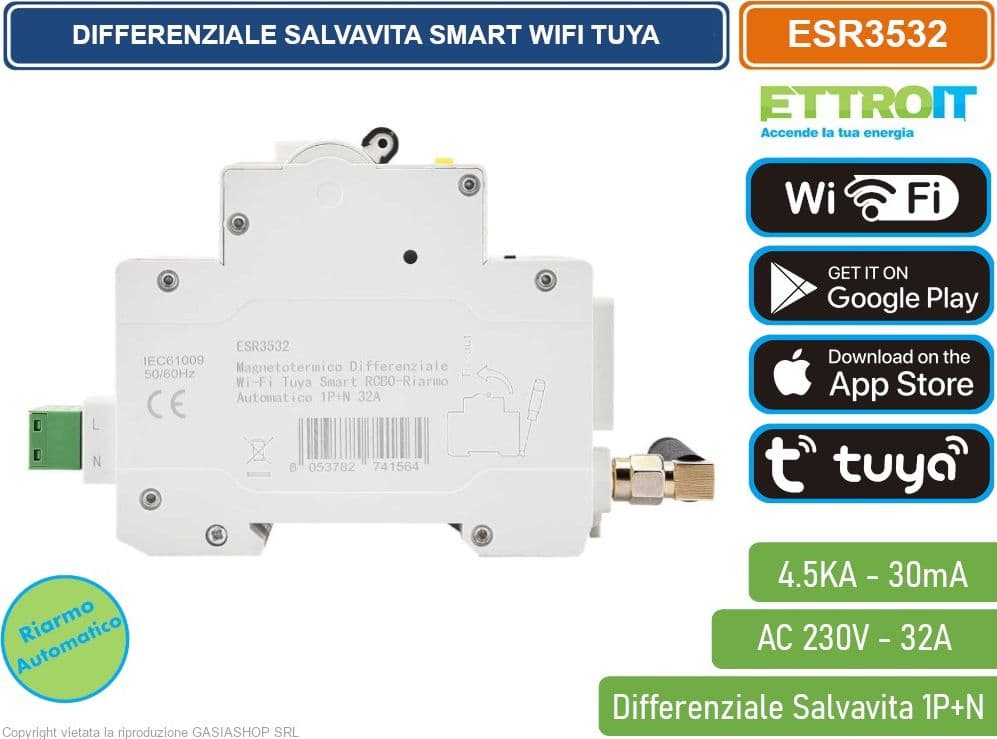 INTERRUTTORE MAGNETOTERMICO DIFFERENZIALE SMART WIFI 1P+N 32A 230V/400V RIARMO AUTOMATICO APP TUYA OCCUPA 3 MODULI DIN - 3